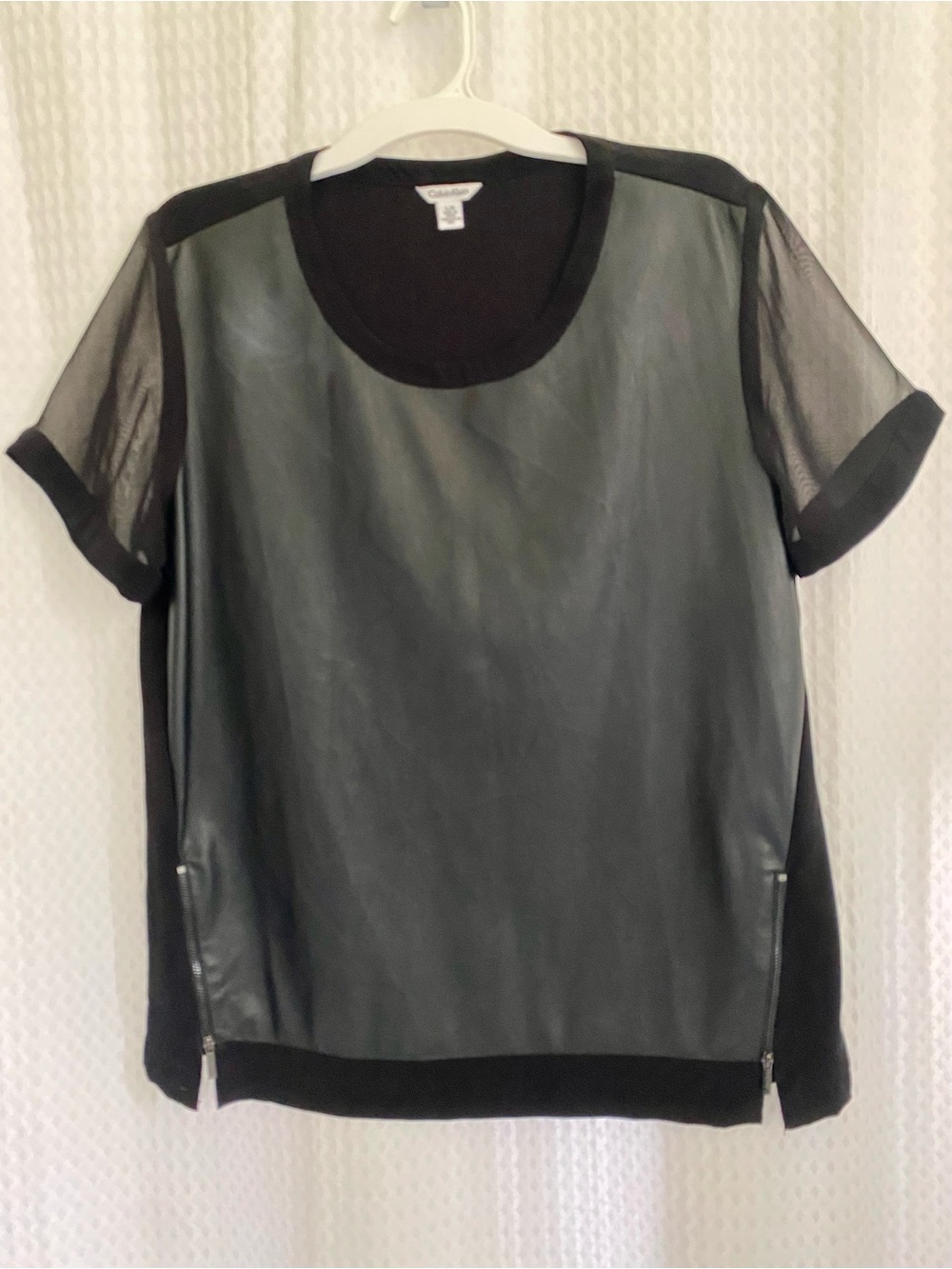 Calvin Klein Black Faux-Leather Front Panel Short Sleeve Top